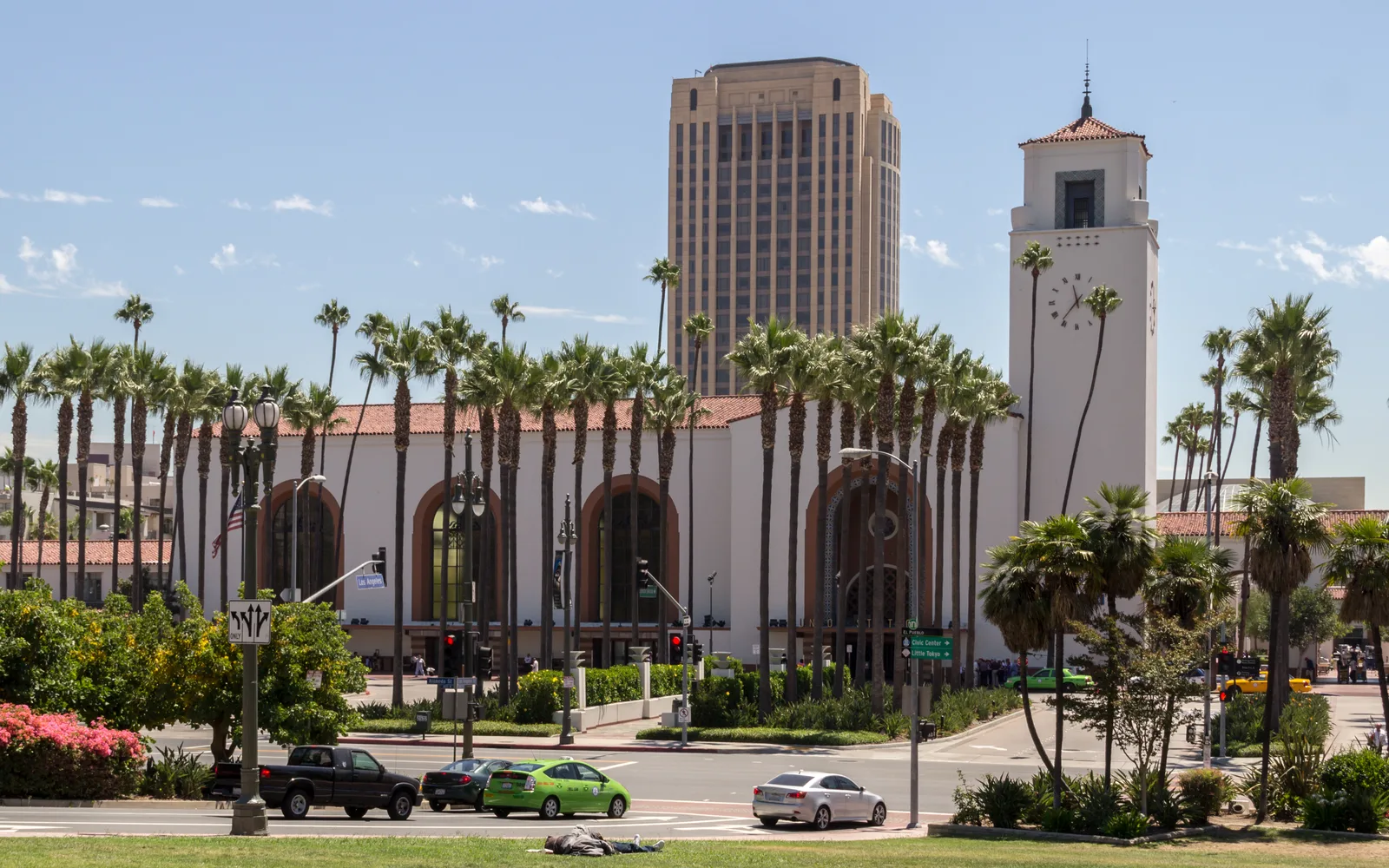 Historic Spanish Colonial-style railway station building with arched entrance and ornamental details