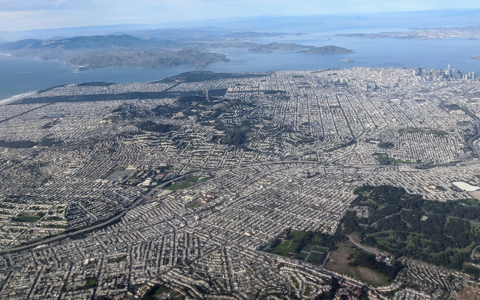 Aerial photograph of San Francisco Bay Peninsula with Golden Gate Bridge and surrounding geography